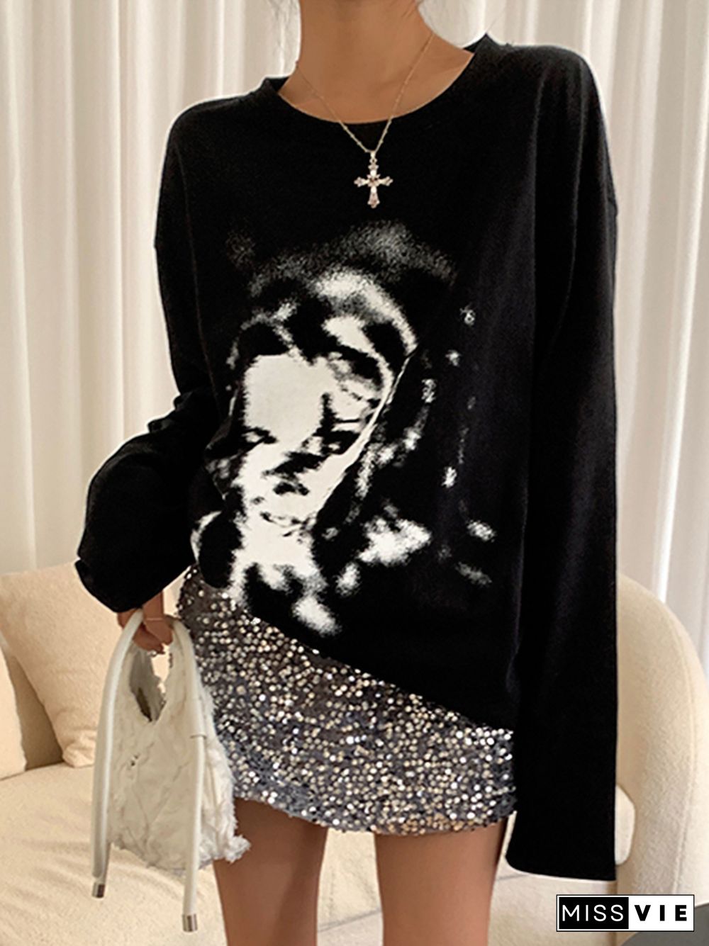 Blurred Portrait Print Oversized Long Sleeve Tee