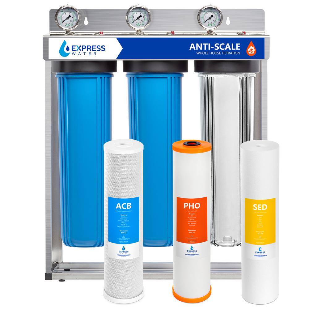 Express Water 3 Stage Whole House Water Filtration System - Sediment PHO Carbon - includes Pressure Gauges and more WH300SCPS