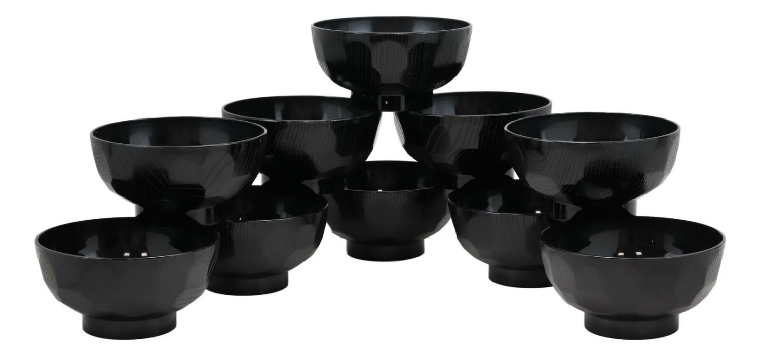 1 Japanese Contemporary 11oz Black Lacquer Ridged Rice Miso Soup Bowls Set of 10 EBR02