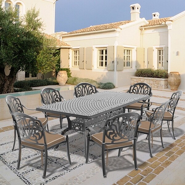 7/9Piece Cast Aluminum Outdoor Dining Set with 82.68'' L X 41.34'' W Rectangular Table and Random Color Seat Cushions