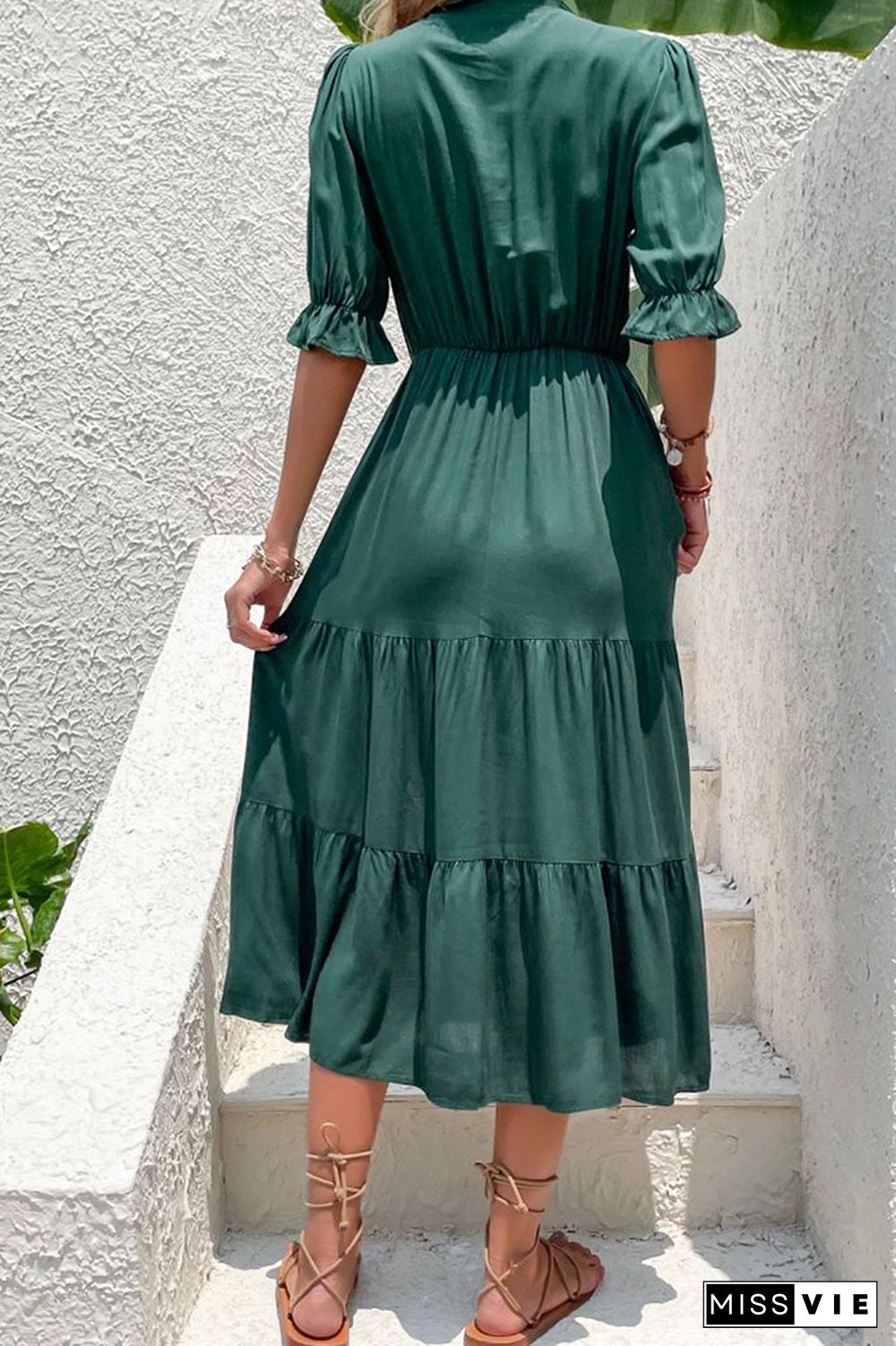 Dark Green Half Sleeve Midi Dress Wholesale