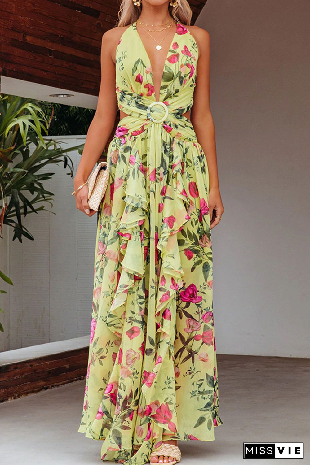 Yellow Floral Print Halter Wrapped Maxi Dress