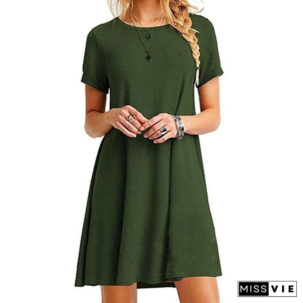 Women Summer Sexy Short Sleeve Loose O-neck Cotton T Shirts Dress Ladies A-line Mini Ruffles Beach Dress Tops