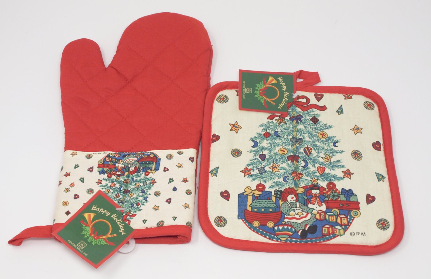 Happy Holidays Christmas Tree With Toys Pot Holder and Oven Mitt Set， Revere Mills Inc NEW