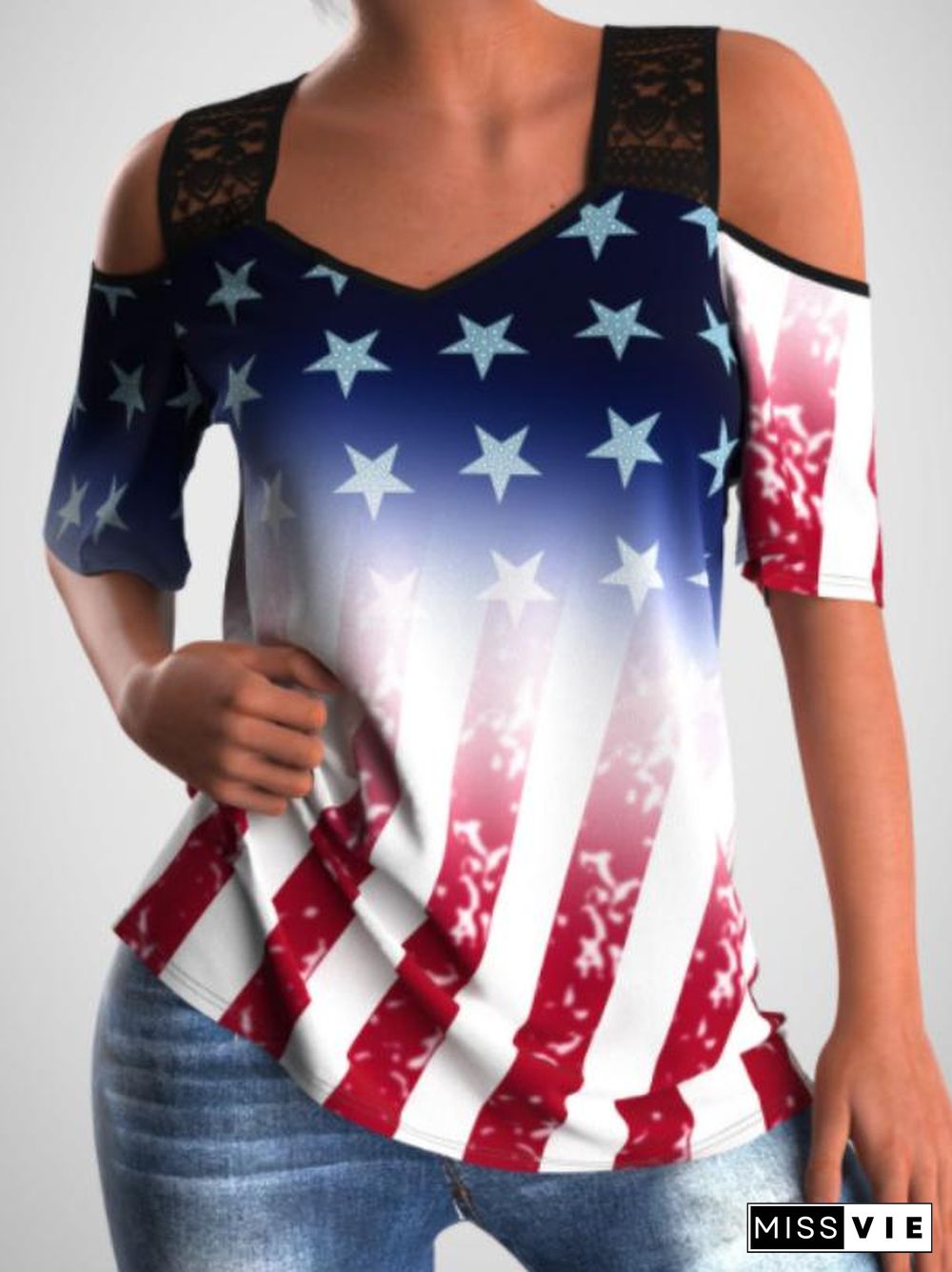 Star Flag Pattern Hollow Sleeve T-Shirt