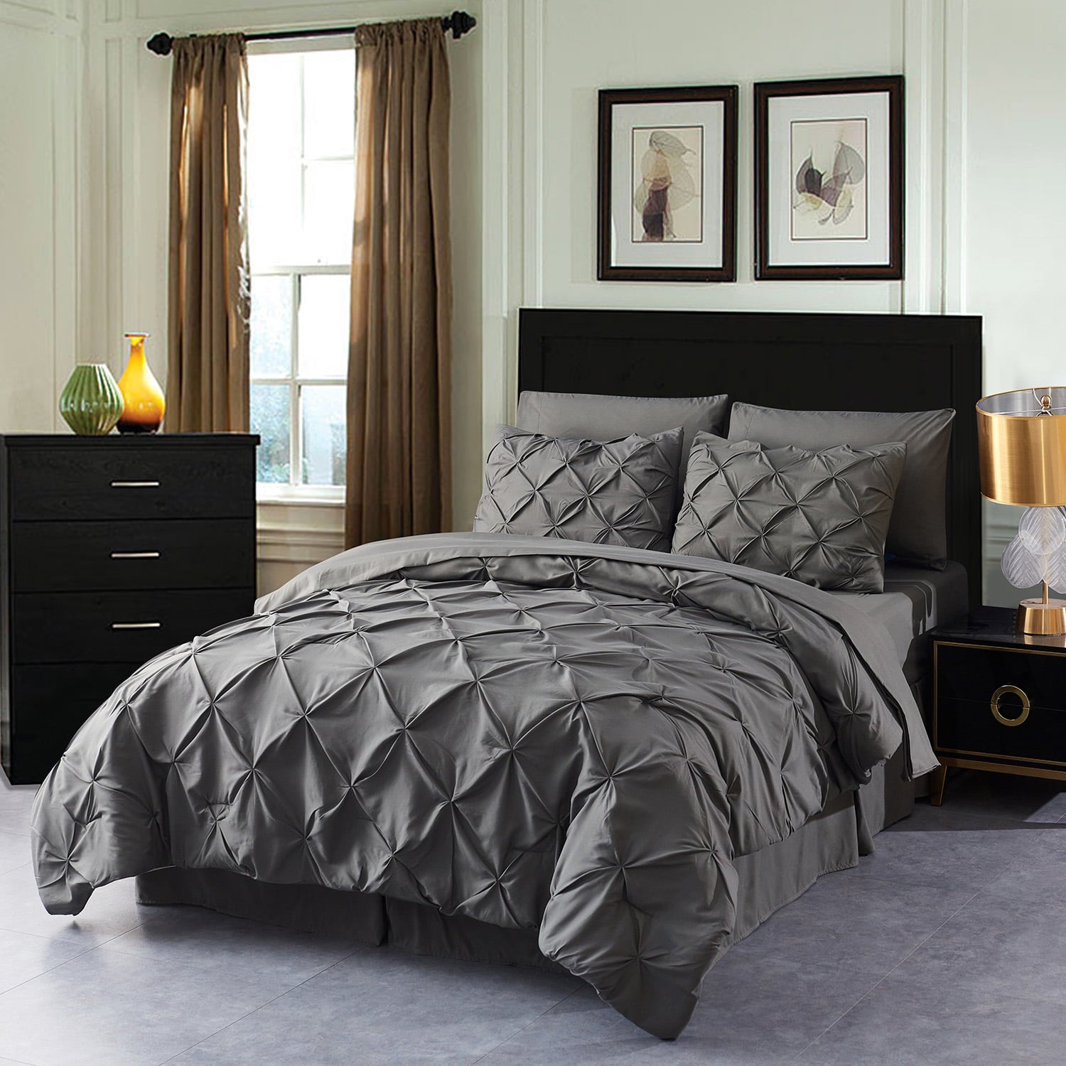 HAOK 8-Piece Pinch Pleat Comforter Set For Queen Bed，Soft Microfiber Bed In A Beg，Dark Grey