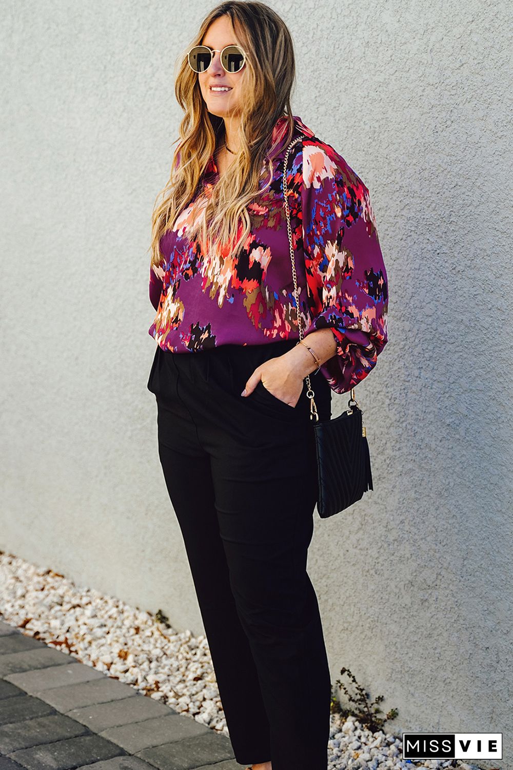 Purple Plus Size Abstract Print V-Neck Long Sleeve Blouse