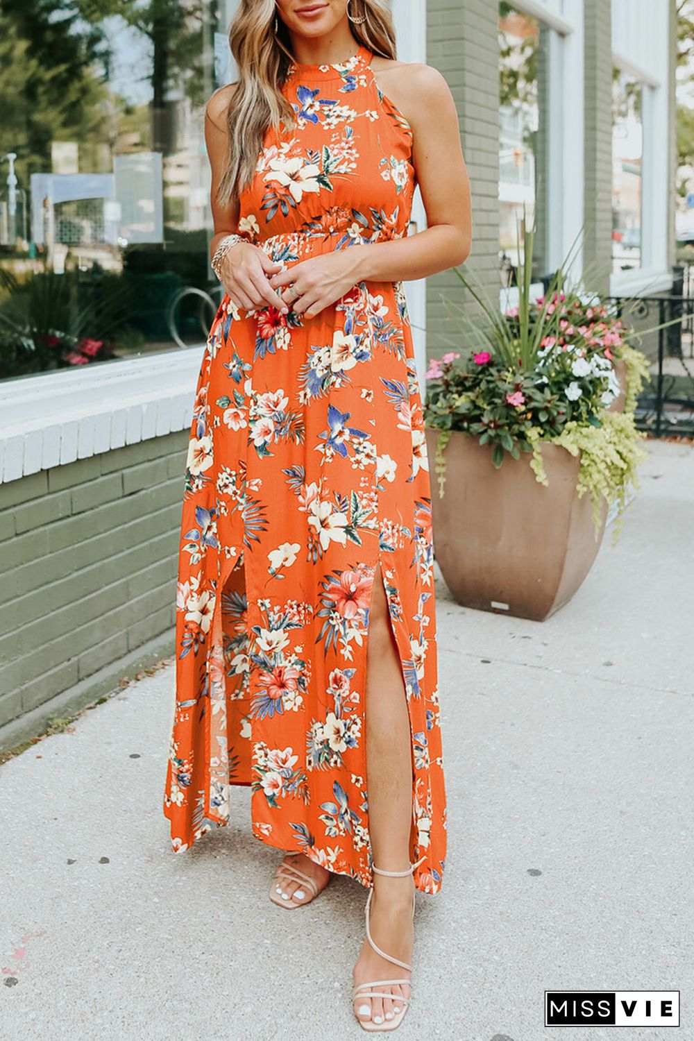 Orange Halter Neck Sleeveless Floral Dress with Slits