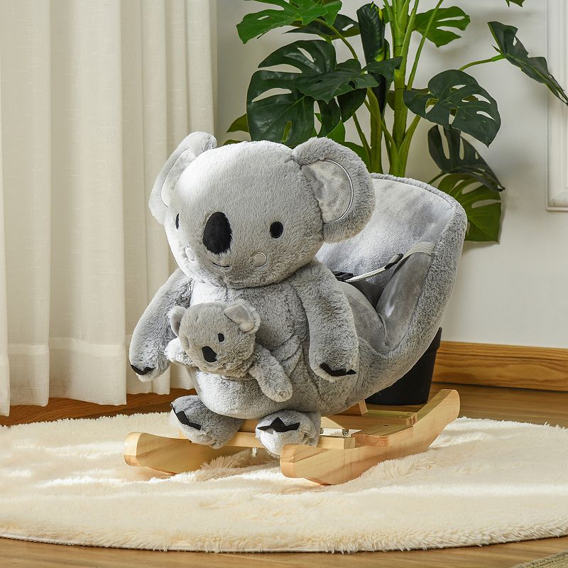 Qaba Kids Plush Ride On Rocking Horse Koala shaped Plush Toy Rocker with Gloved Doll Realistic Sounds for Child 18 36 Months Grey