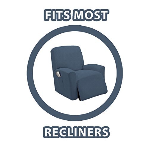 Golden Linens One piece Stretch Recliner Chair Furniture Slipcovers with Remote Pocket Fit most Recliner Chairs (Blue)