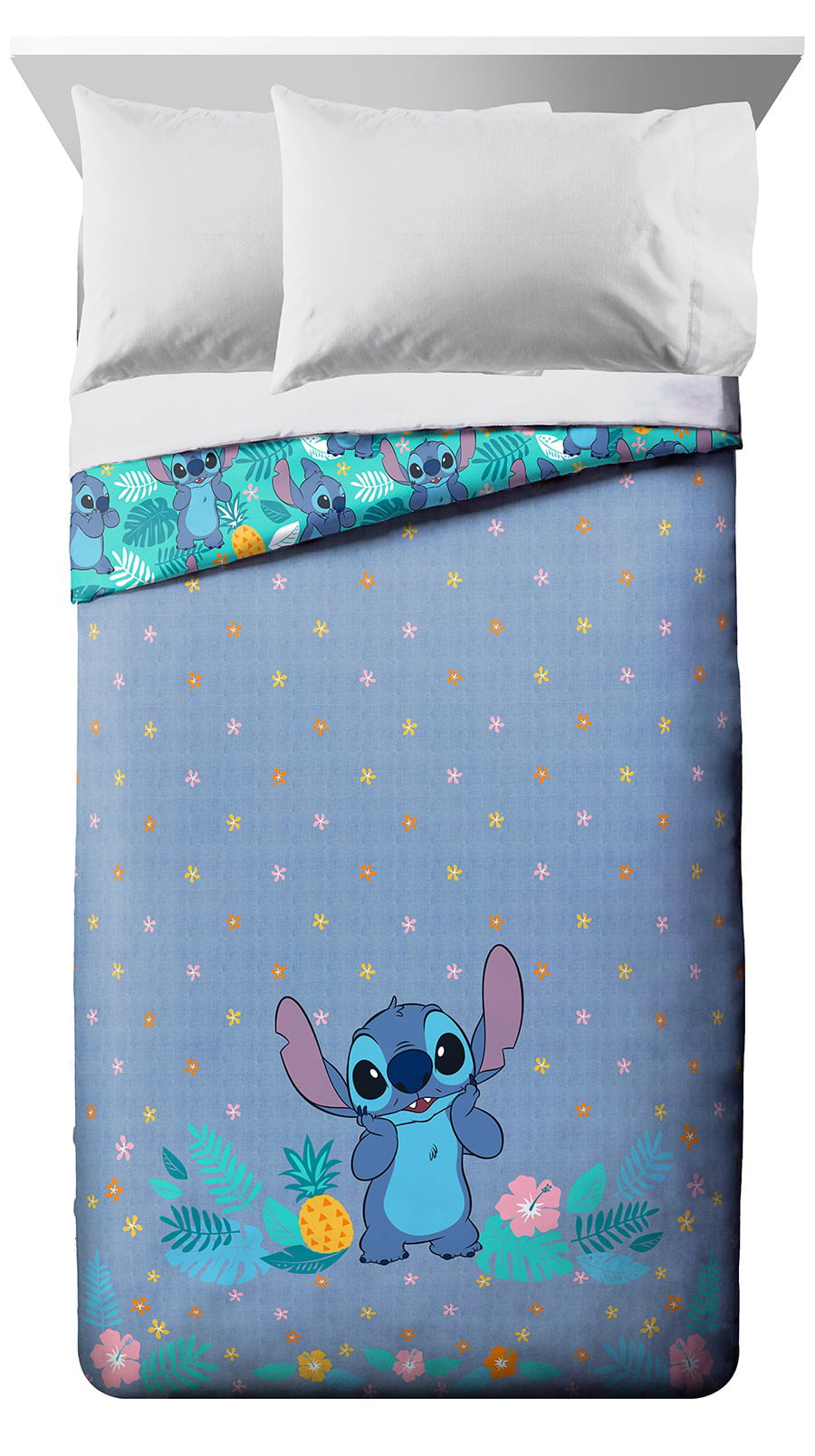 Lilo and Stitch Hawaiian Denim Kids 2-Piece Twin/Full Reversible Comforter and Sham Bedding Set， Microfiber， Blue， Disney