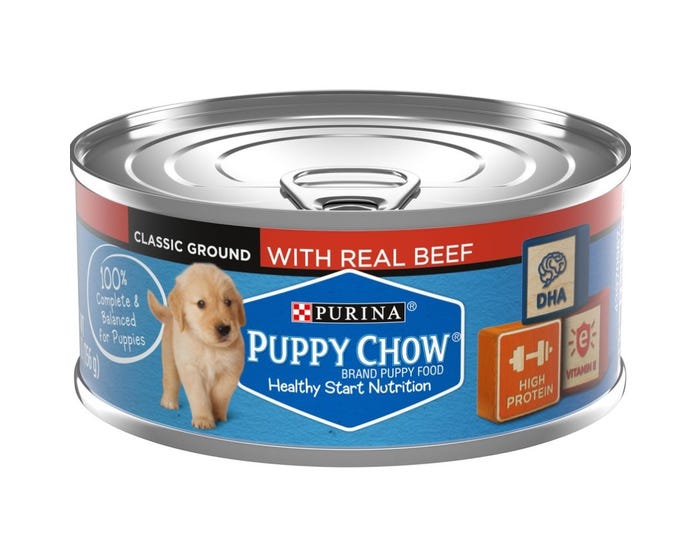 Purina Puppy Chow High Protein Pate Wet Puppy Food with Real Beef， 5.5 oz. Can