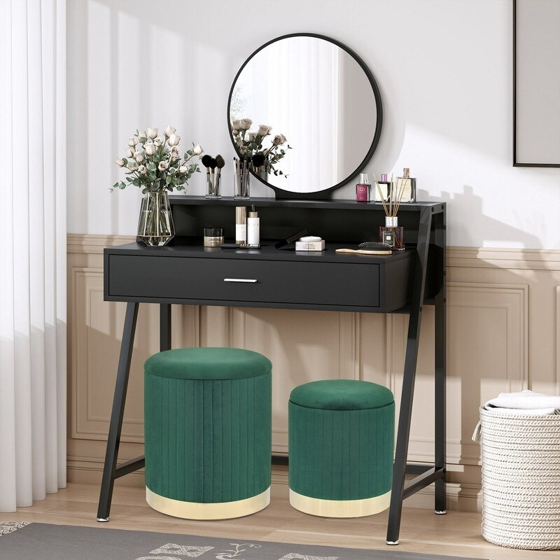 Adeco Round Velvet Storage Ottoman Vanity Stool Footstool (Pack of 2)