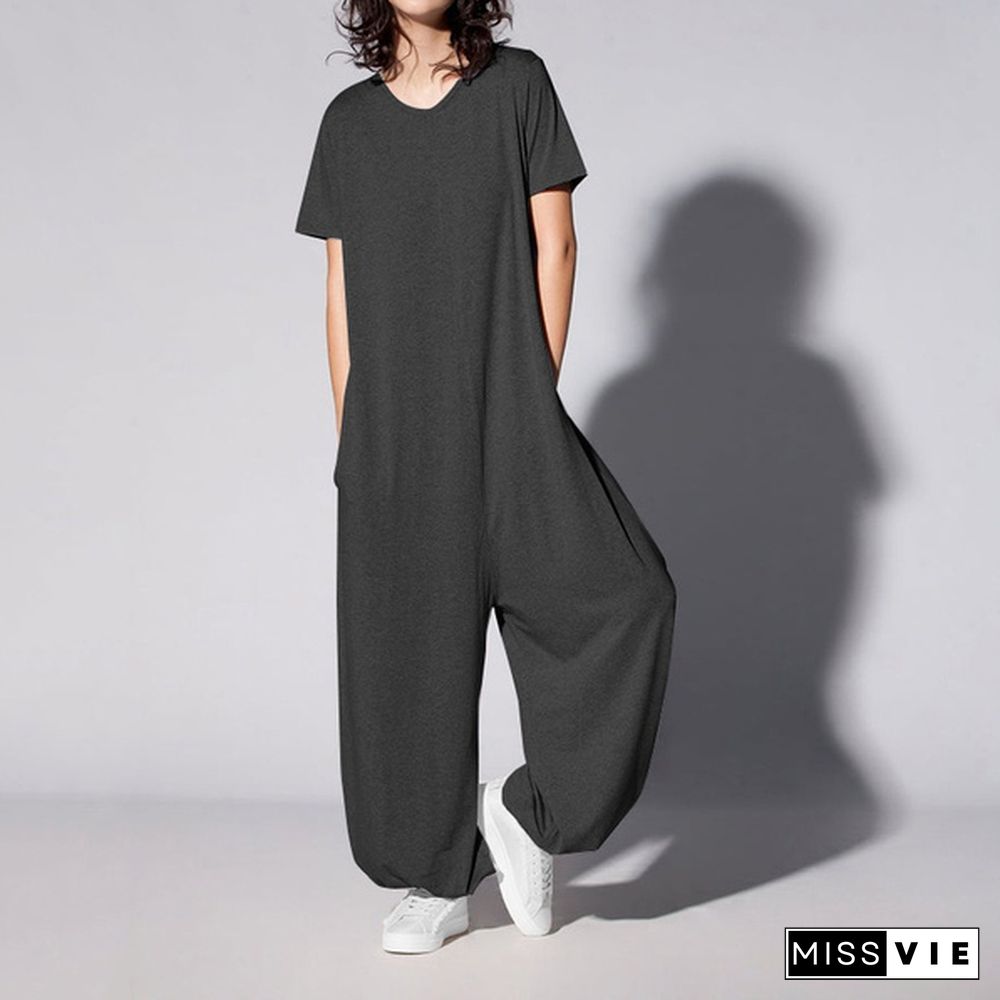 Women Short Sleeve Solid Jumpsuit Casual Loose Baggy Oversized Culottes Playsuit