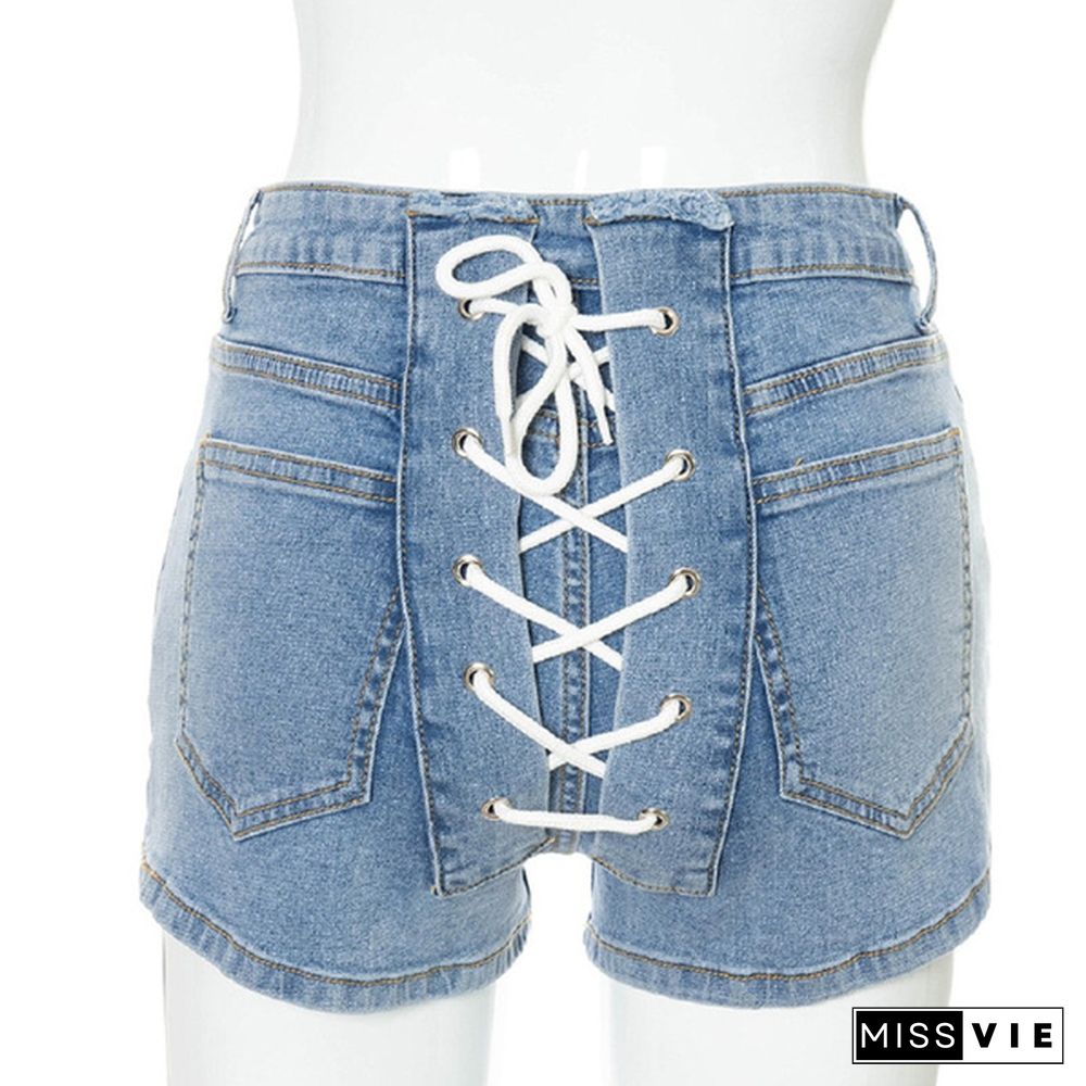 Women Summer Stretch Denim Jeans Shorts Back Bandage Skinny Bodycon Short Pants