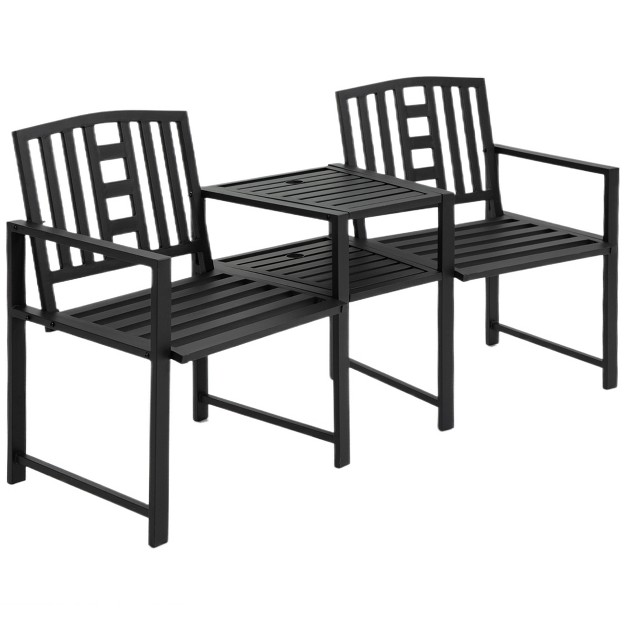 Outsunny Metal Garden Bench With Middle Table And Umbrella Hole 2 in 1 Double Patio Chairs Outdoor 2 person Tete a tete Slatted Black