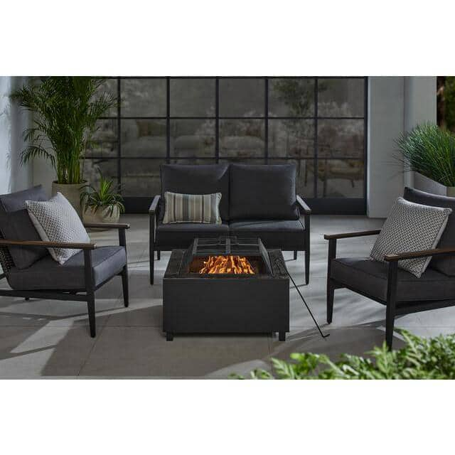 Hampton Bay Nickleby 33 in. Cube Steel Black Low Smoke Wood Burning Fire Pit with Stainless Steel Bowl and Black Marble Tile Top 2391FP-2