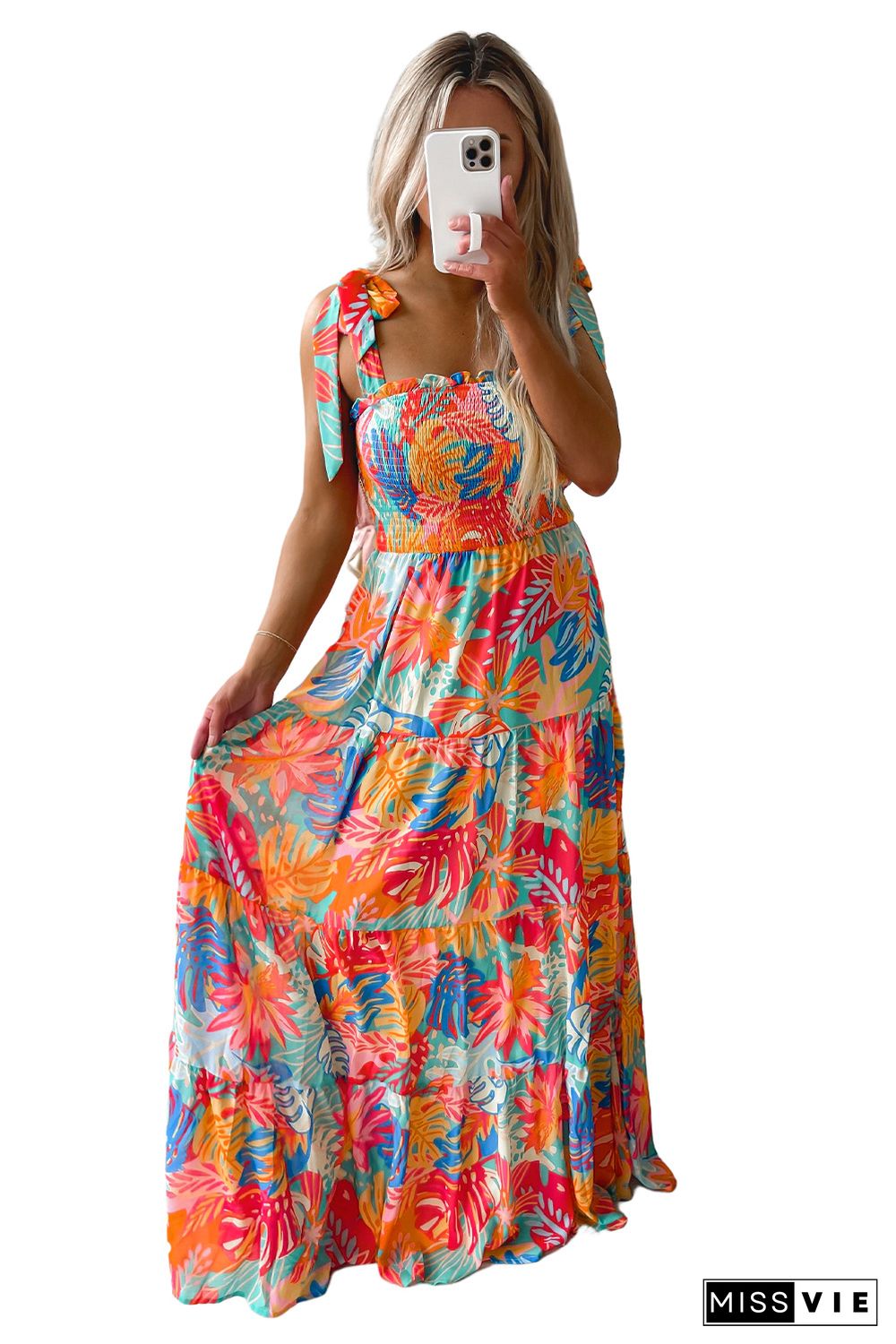 Multicolor Vibrant Tropical Print Smocked Ruffle Tiered Maxi Dress