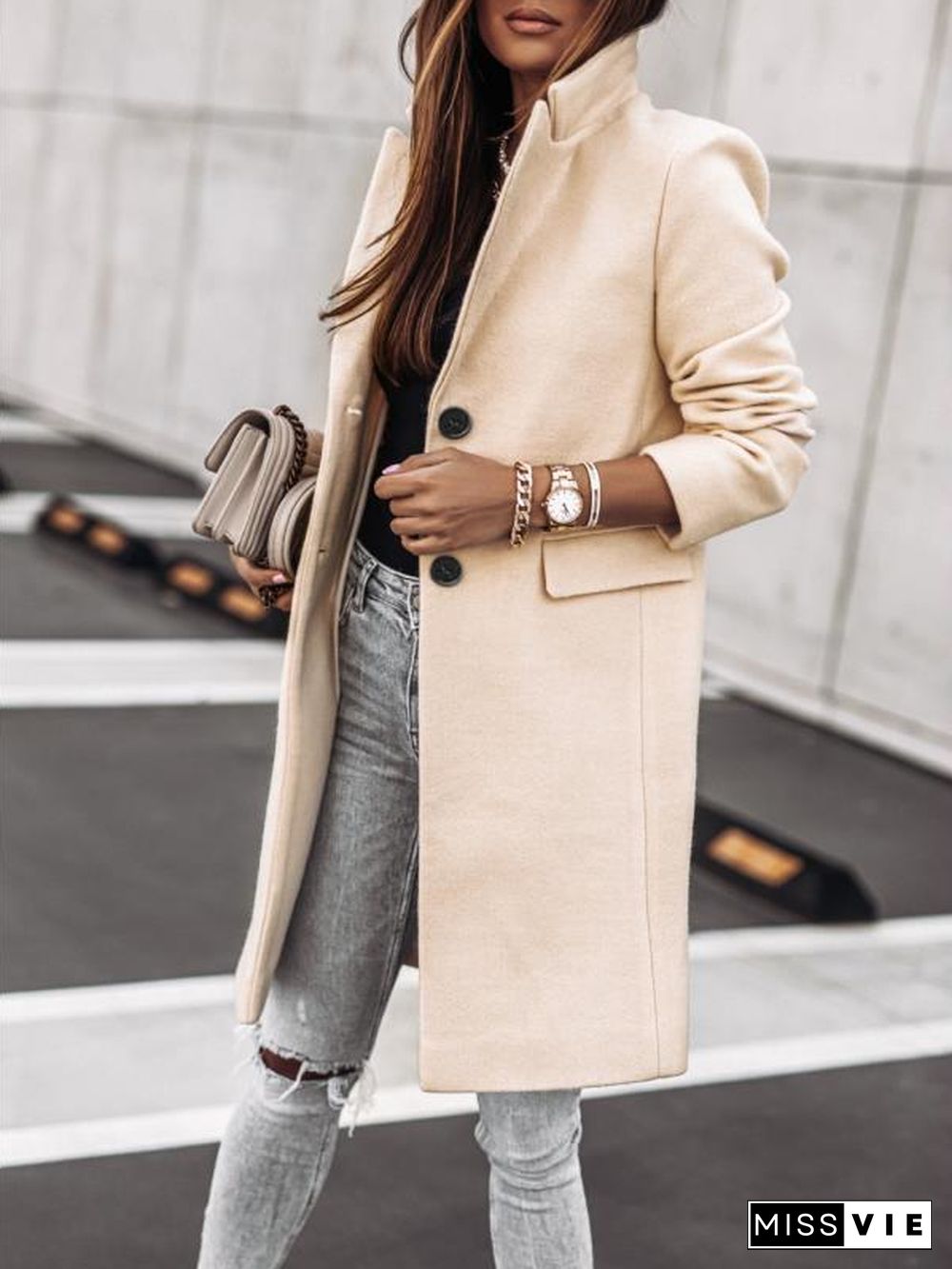 Lapel Knee Length Double Button Jacket Coat