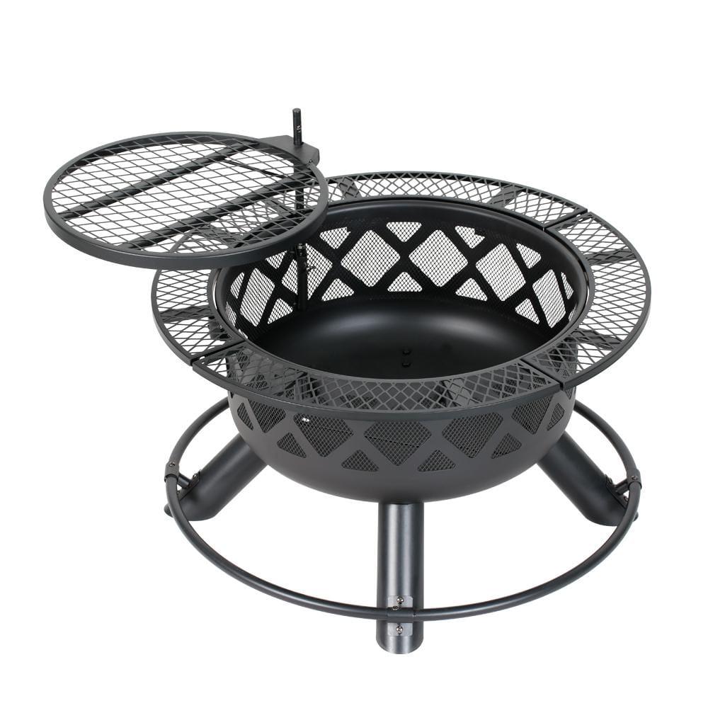 HeatMaxx Outdoor Wood Burning Fire Pit Backyard with Cooking Grill 32 in Black Mini Ranch Fire Pit