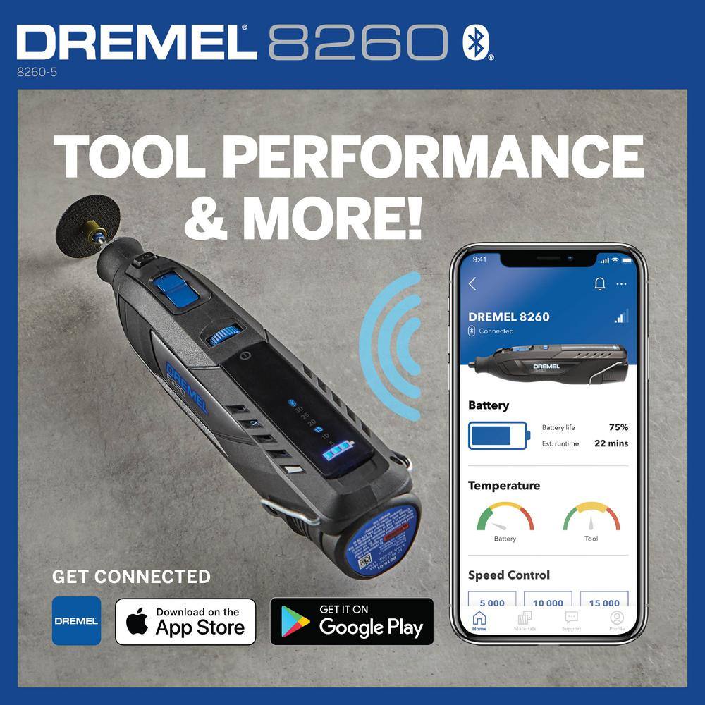 Dremel 8260 12VLi-Ion Variable Speed Cordless Smart Rotary Tool with Brushless Motor5 accessories3Ah BatteryChargerTool Bag 8260-5