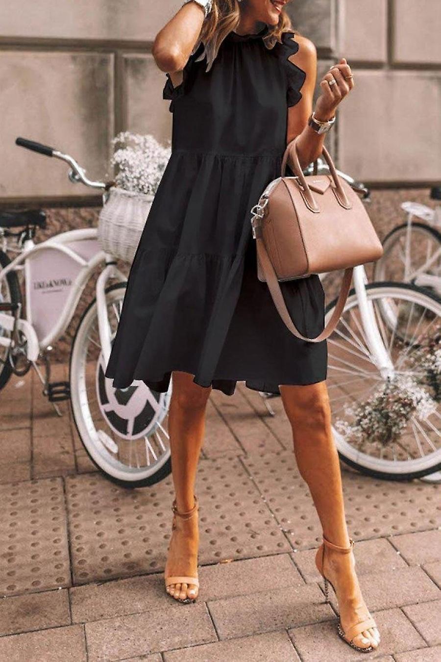 Platform Summer Casual Hot Sale Casual Loose Sleeveless Solid Color Round Neck Puff Dress Black S  Xl