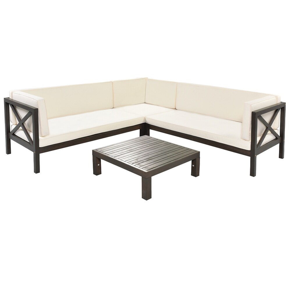 Outdoor Wood Patio Backyard 4 Piece Sectional Seating Group with Cushions and Table X Back Sofa Set for Small Places