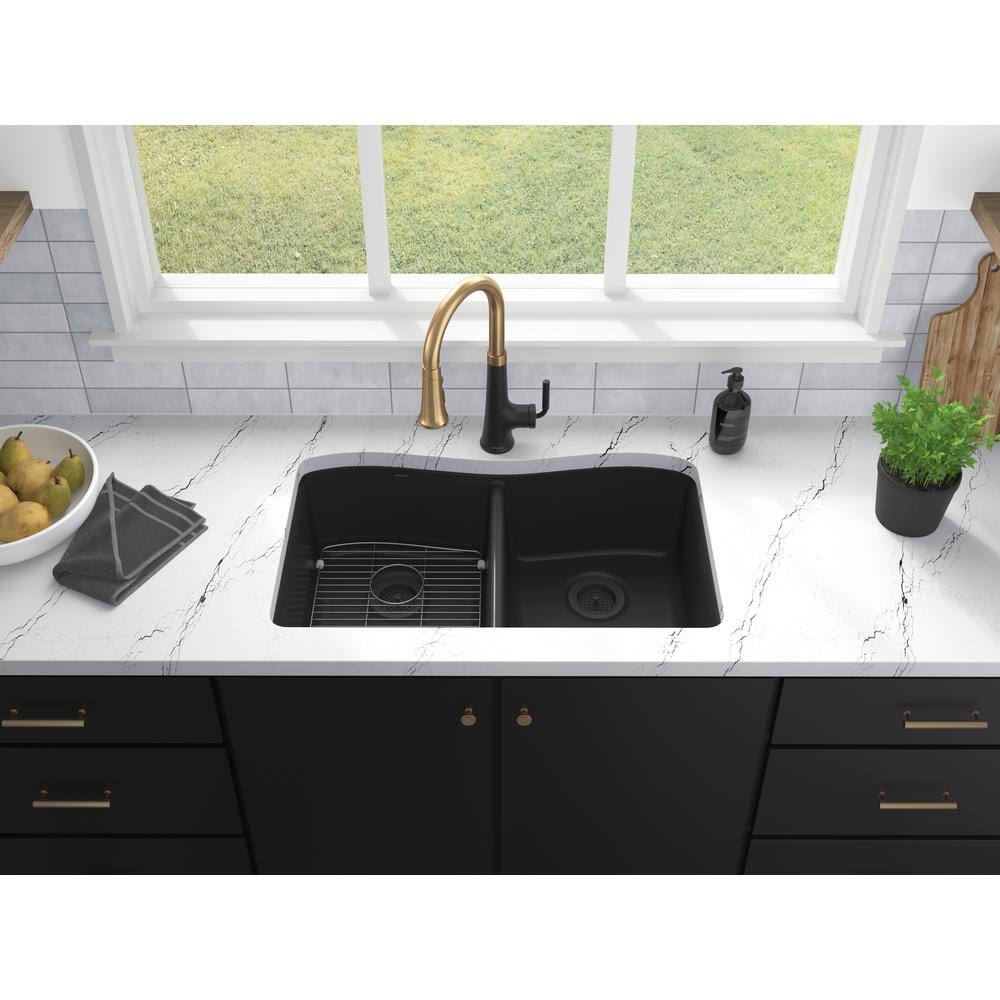 KOHLER Kennon 33 in. Drop-inUndermount 1-Hole Double Bowl Neoroc Granite Composite Kitchen Sink in Matte Black K-RH8185-1-CM1