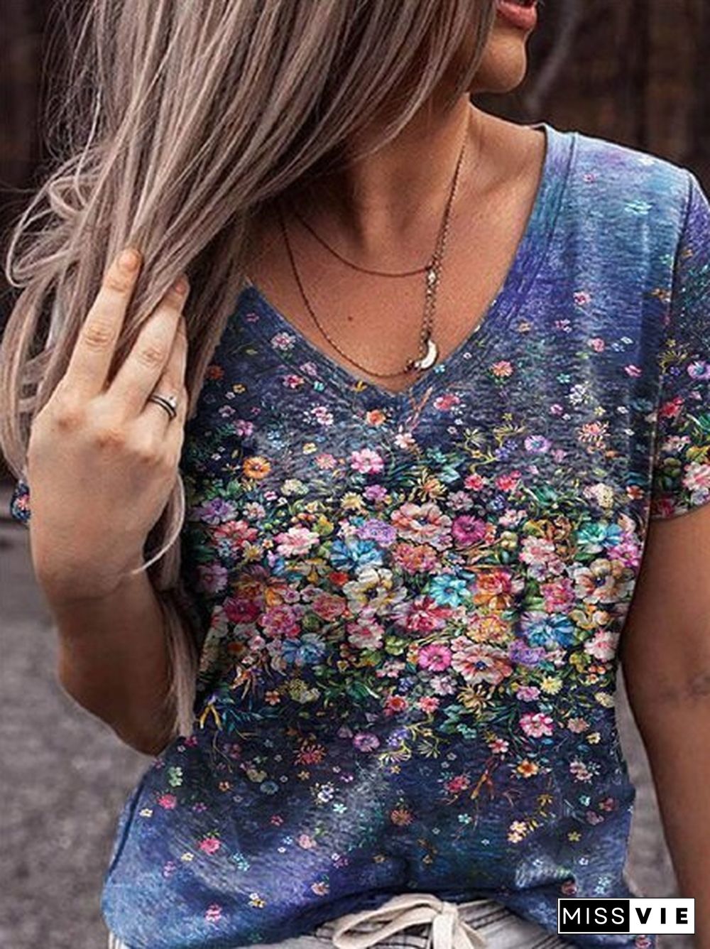 Women's Floral V Neck Floral-Print Short Sleeve Casual T-shirt