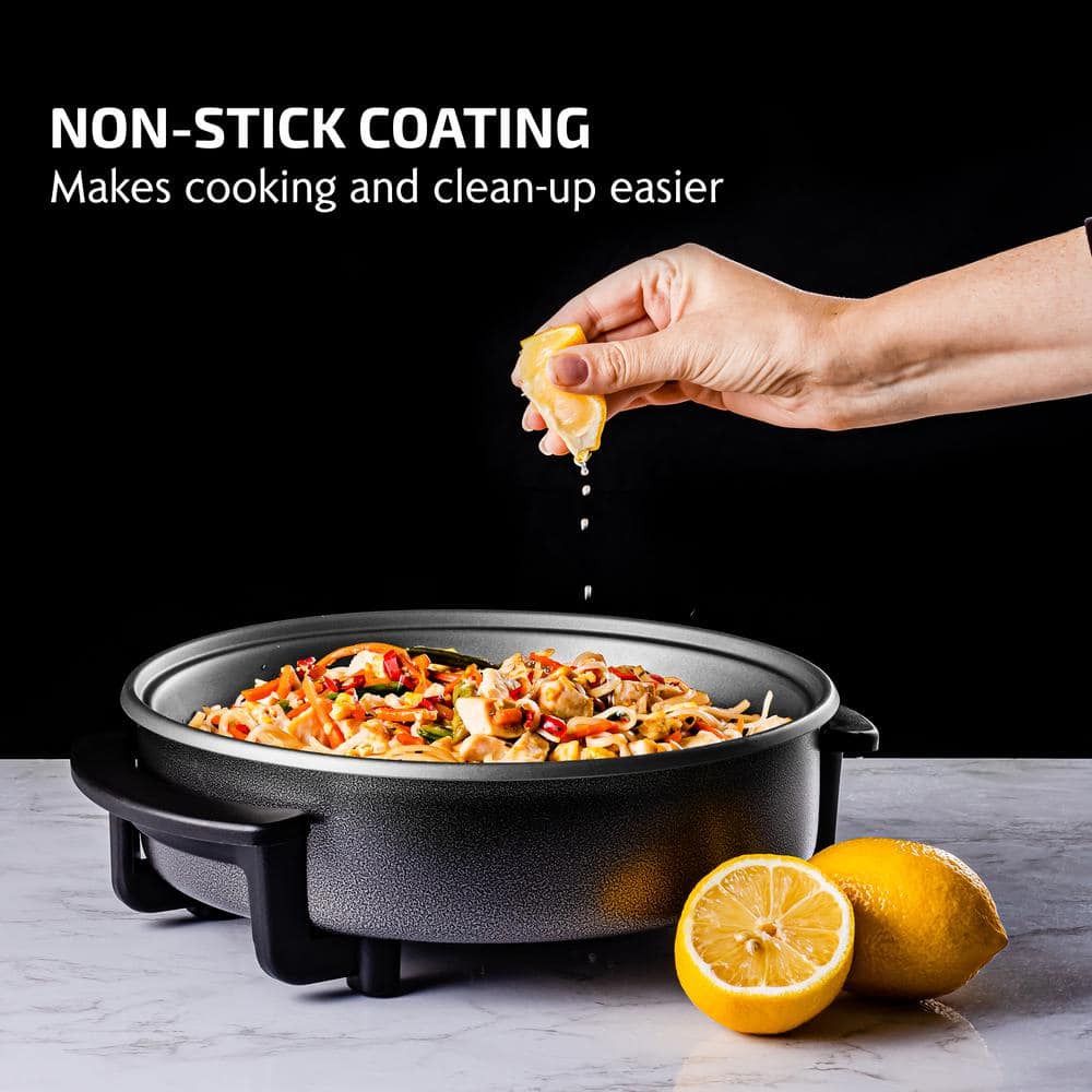 OVENTE 12 In. Black Non Stick Electric Skillet Aluminum Body and Tempered Glass Lid, Removable Temperature Knob SK11112B