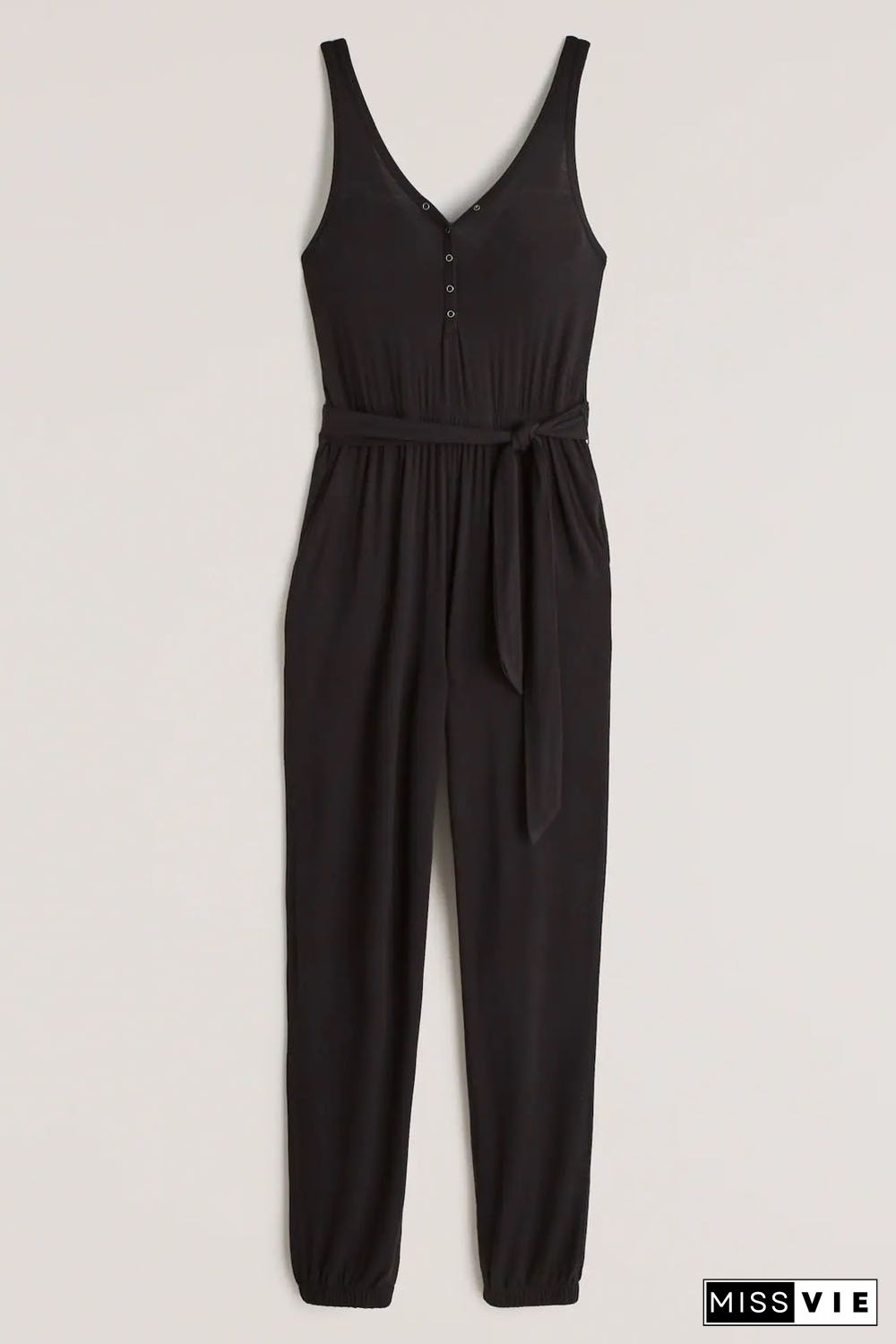 Black Buttons V Neck Slim-fit Lace-up High Waist Jumpsuit