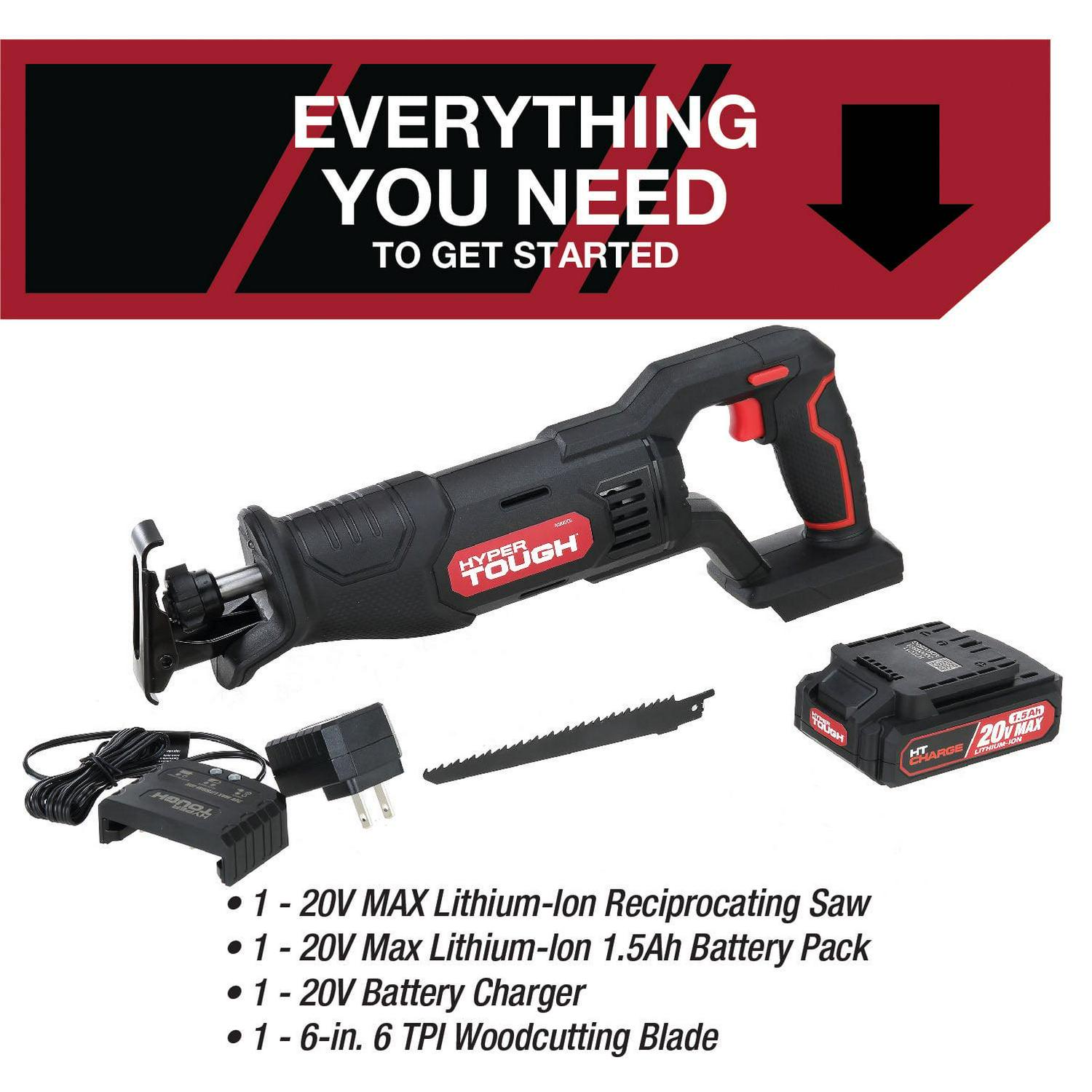 Hyper Tough 20V Max Lithium-ion Cordless Reciprocating Saw， Variable Speed， Keyless Blade Change， with 1.5Ah Lithium-ion Battery and Charger， Wood Blade and LED Light