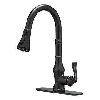 FLG Single-Handle Deck Mount Gooseneck Pull Down Kitchen Faucet with Sprayer and Deckplate Included in Oil Rubbed Bronze LE-0017-ORB