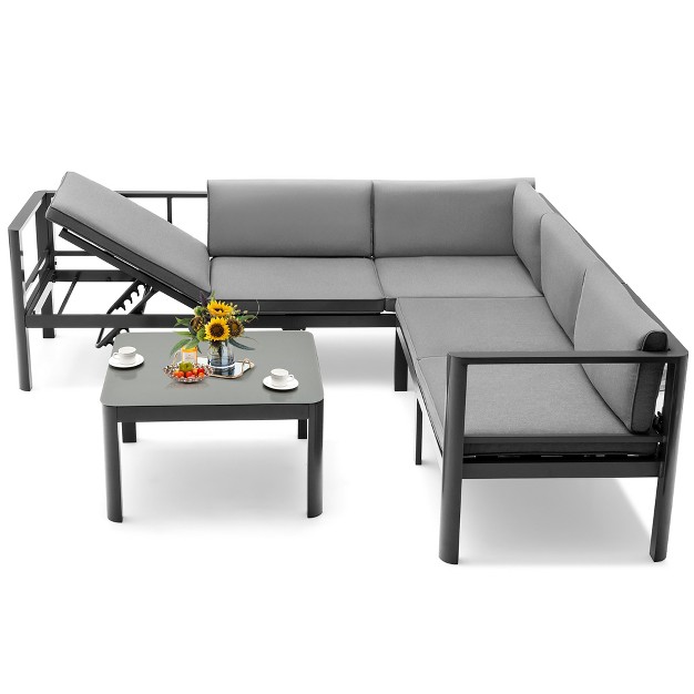 Costway 3pcs Patio Furniture Set Aluminum Lounge Adjust Back Recliner Sofa Table Cushion