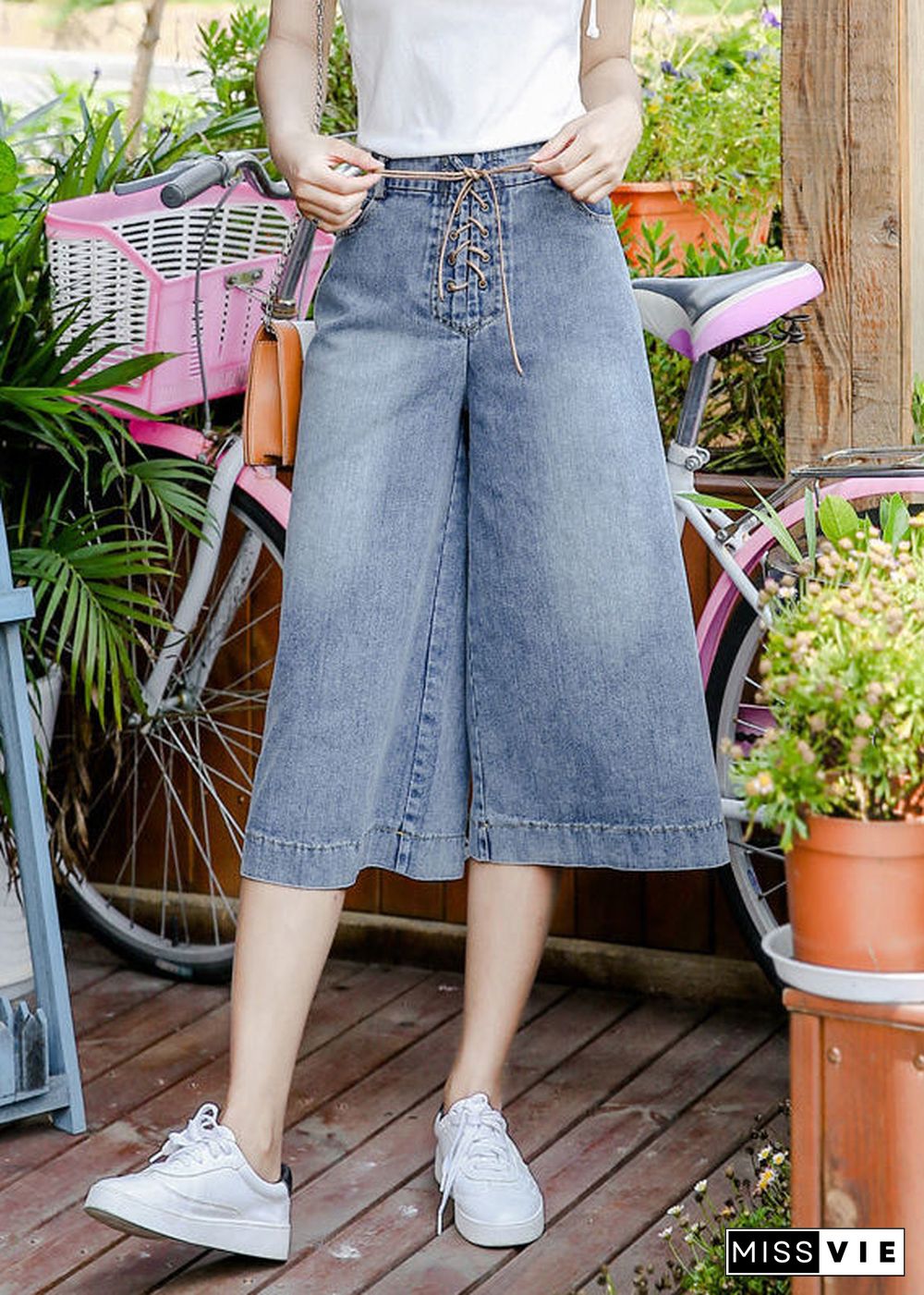 Denim Blue Pockets Cotton Wide Leg Crop Pants High Waist Cross Tie Waist Summer