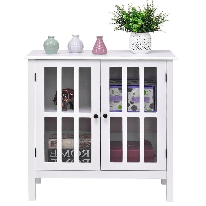 White Wood Sideboard Buffet Cabinet With Glass Panel Doors