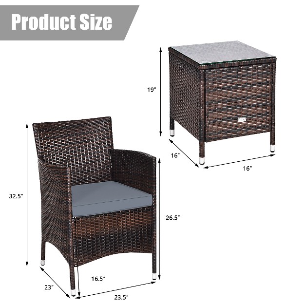 Tangkula 3 piece Patio Wicker Rattan Furniture Set Conversation Sofa Set W coffee Table Grey