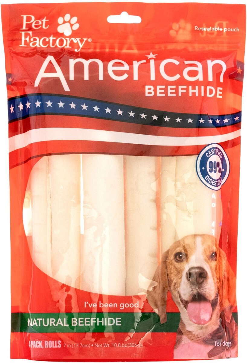 Pet Factory American Beefhide 7-inch Rolls Natural Flavored Chewy Dog Treats， 4 count