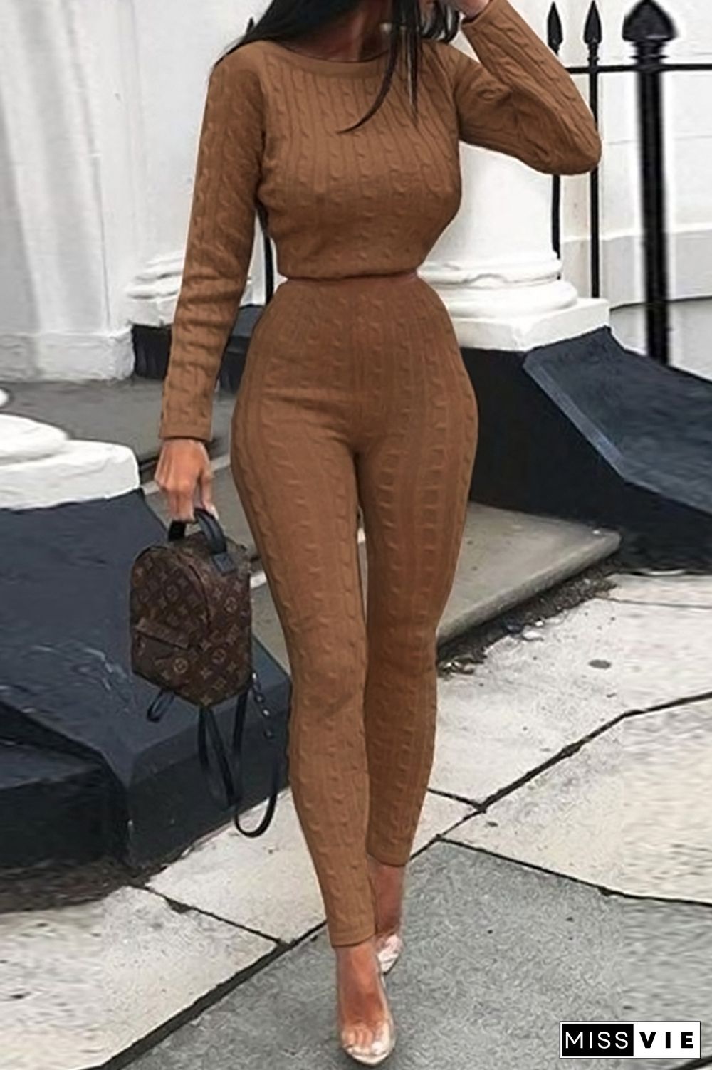 Coffee Elastic Fly Long Sleeve Mid Solid pencil Pants Two-piece suit