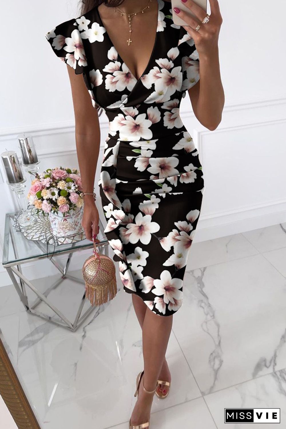 Casual Print Flounce V Neck Pencil Skirt Dresses(10 Colors)