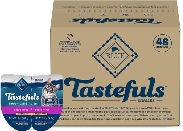 Blue Buffalo Tastefuls Spoonless Singles Beef Entrée Pate Adult Cat Food， 2.6-oz cup， case of 24