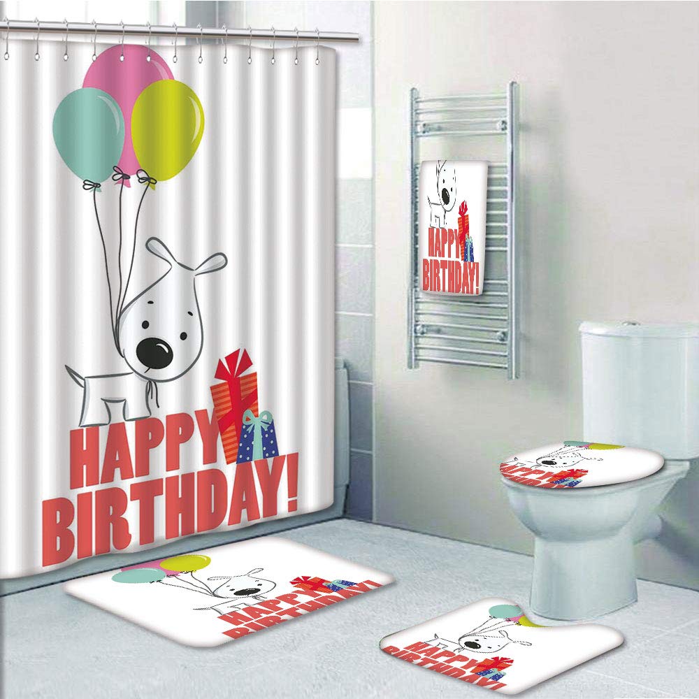 PRTAU Birthday for Kids Cartoon Sketchy Dog with Colorful Balloons Boxes 5 Piece Bathroom Set Shower Curtain Bath Towel Bath Rug Contour Mat and Toilet Lid Cover