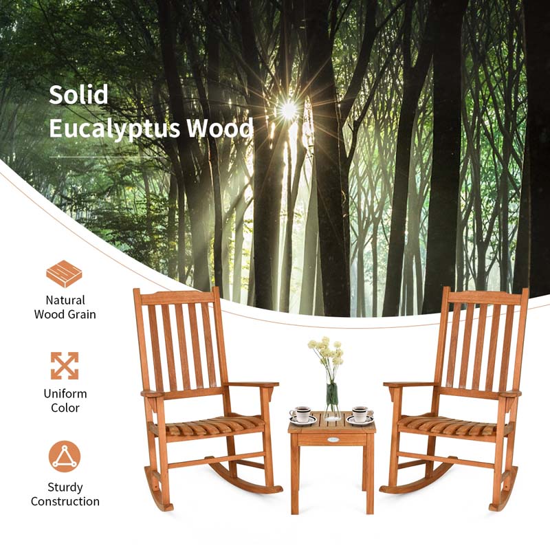 3 Pcs Eucalyptus Rocking Chair Set Outdoor Bistro Set with Accent Coffee Table