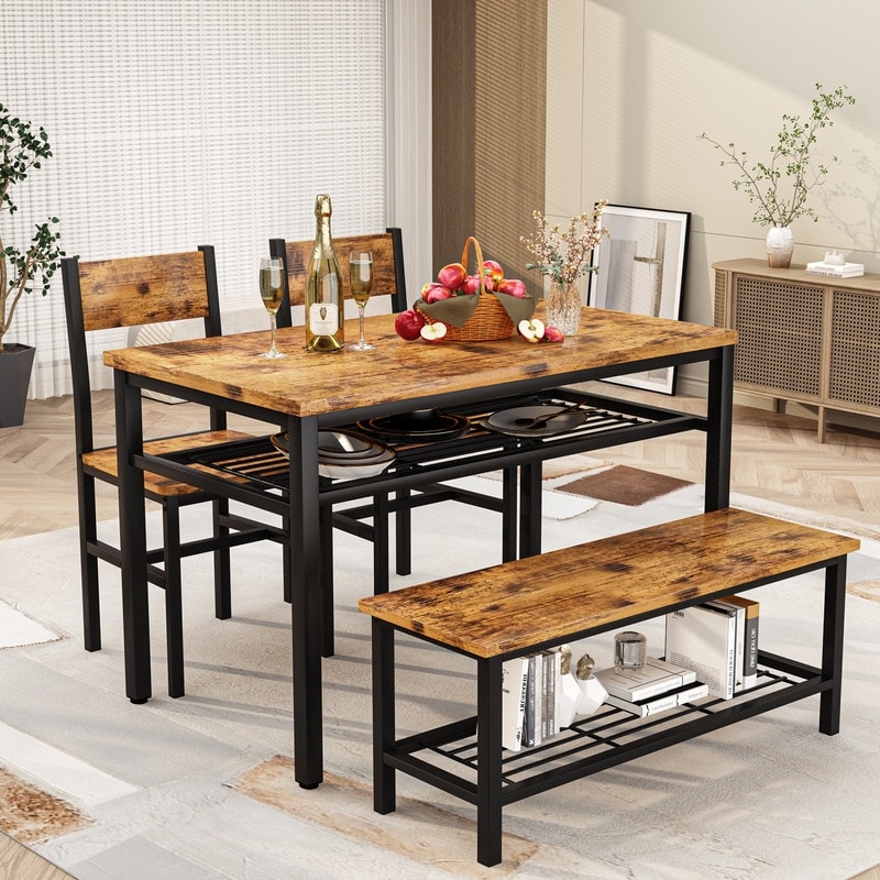 Industrial Dining Table Set for 4  4 Piece Kitchen Table with Bench and Chairs  Rustic Dining Set with Storage Rack