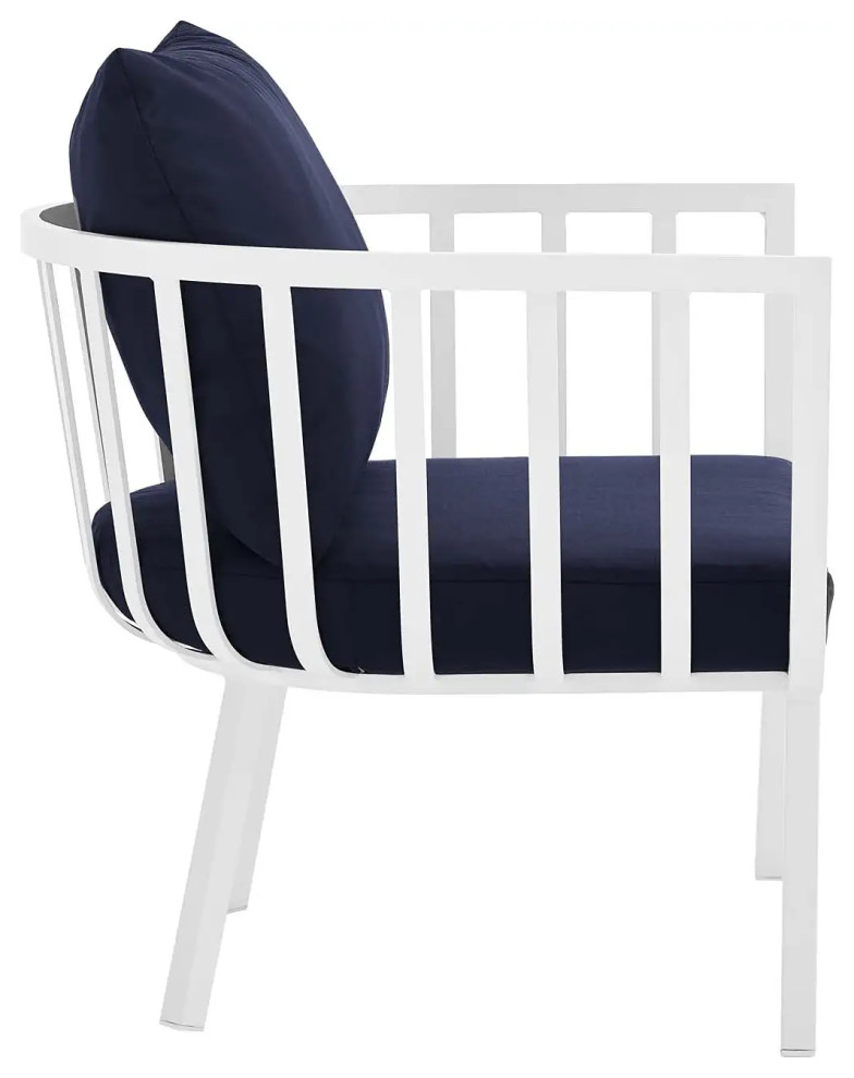 Coastal Patio Lounge Chair  Aluminum Frame With Curved Slat Back  ampNavy Cushion   Contemporary   Outdoor Lounge Chairs   by Decor Love  Houzz