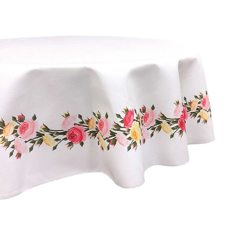 Round Tablecloth， 100% Polyester， 60 Round， Roses in Bloom Garland