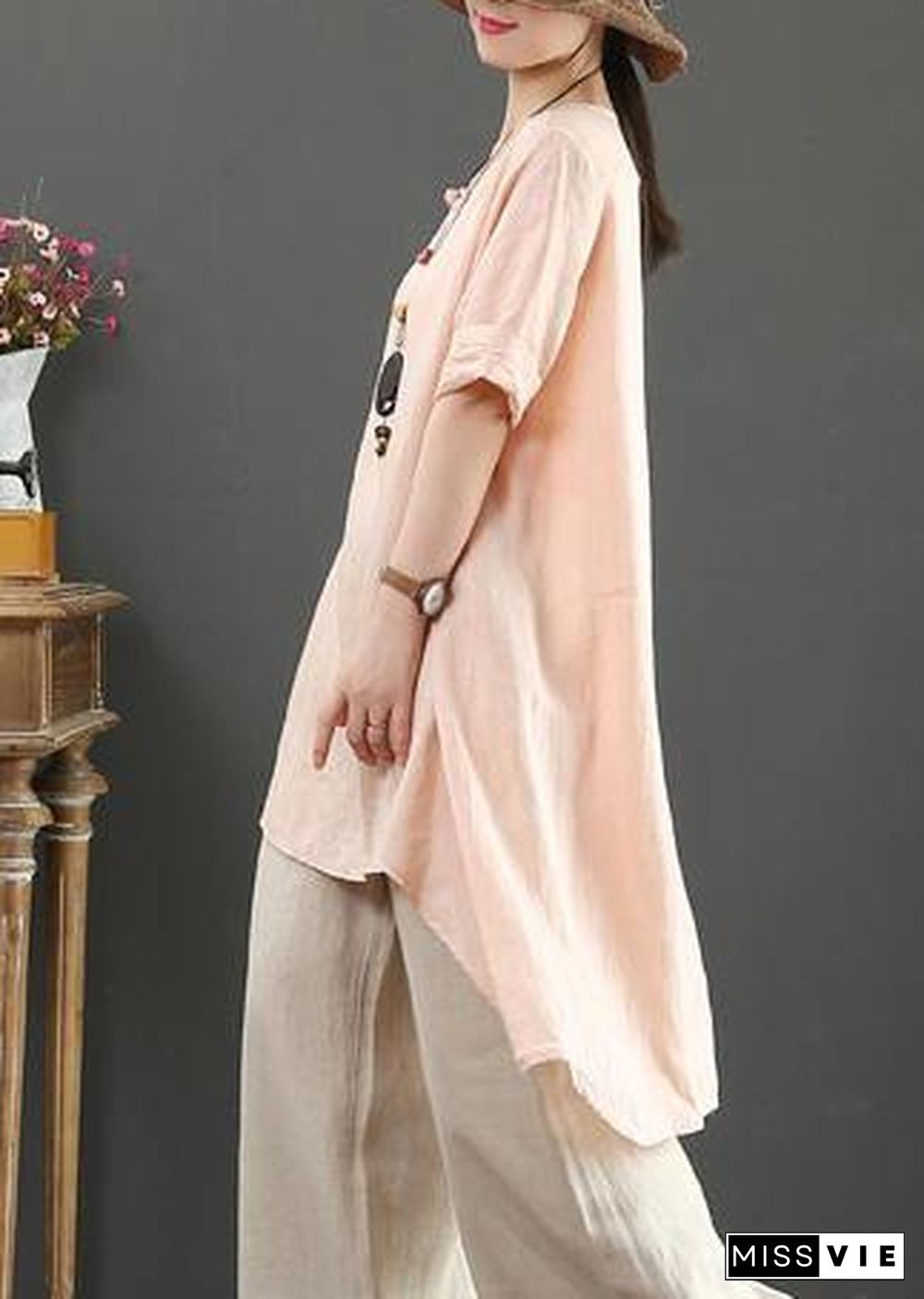 Loose o neck asymmetric linen summer linen tops women pattern pink shirts