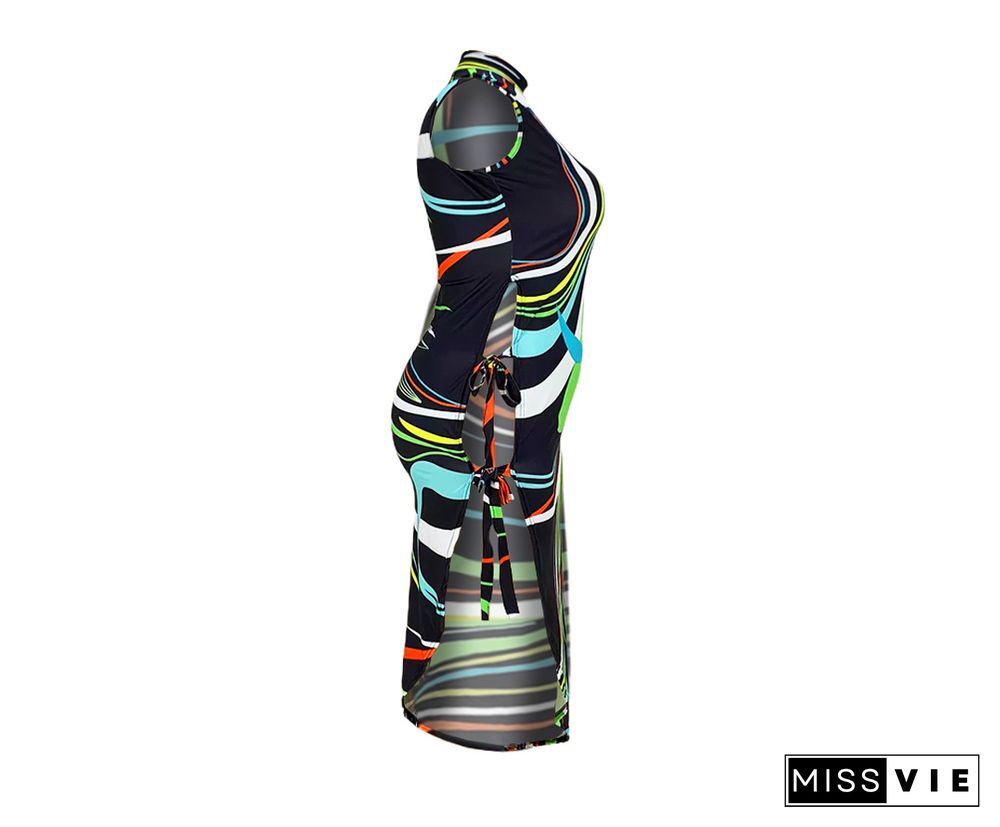 Colorful Striped Print Side Slit Bandage Maxi Dress