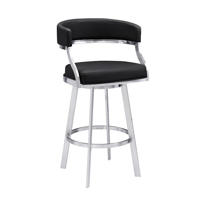 26 Inch Curved Seat Leatherette Swivel Barstool， Silver and Black