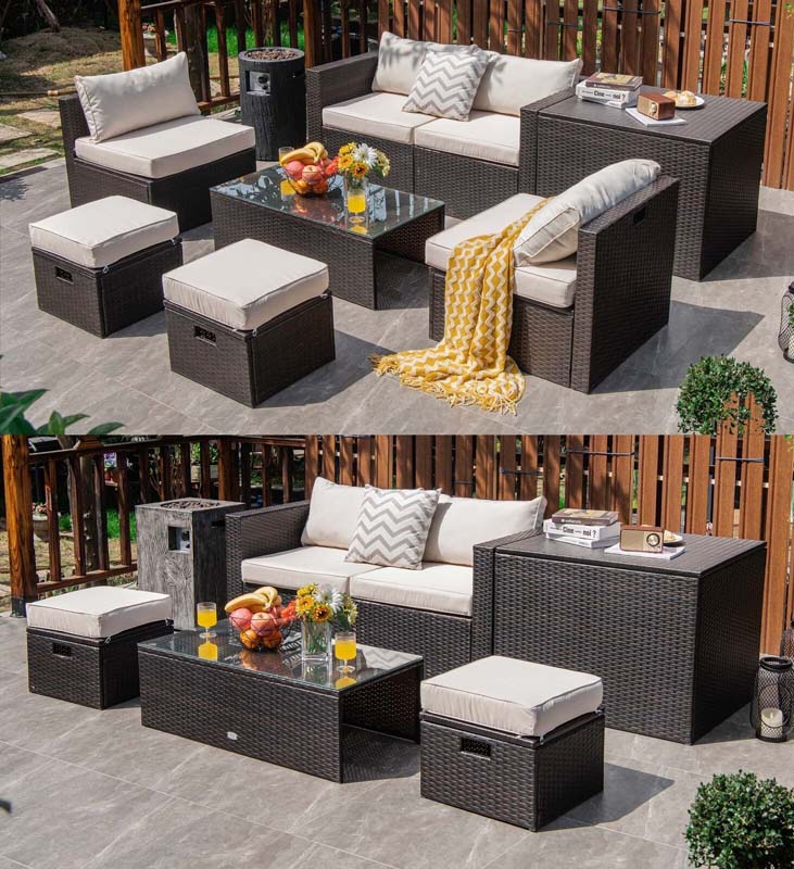 8 Pcs Rattan Patio Sectional Sofa Set with Storage Box & Waterproof Cover